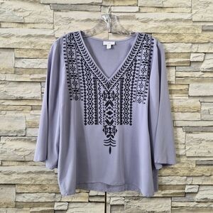 J. Jill Blouse Women's Medium Blue ​Embroidered V-Neck Boho Tunic